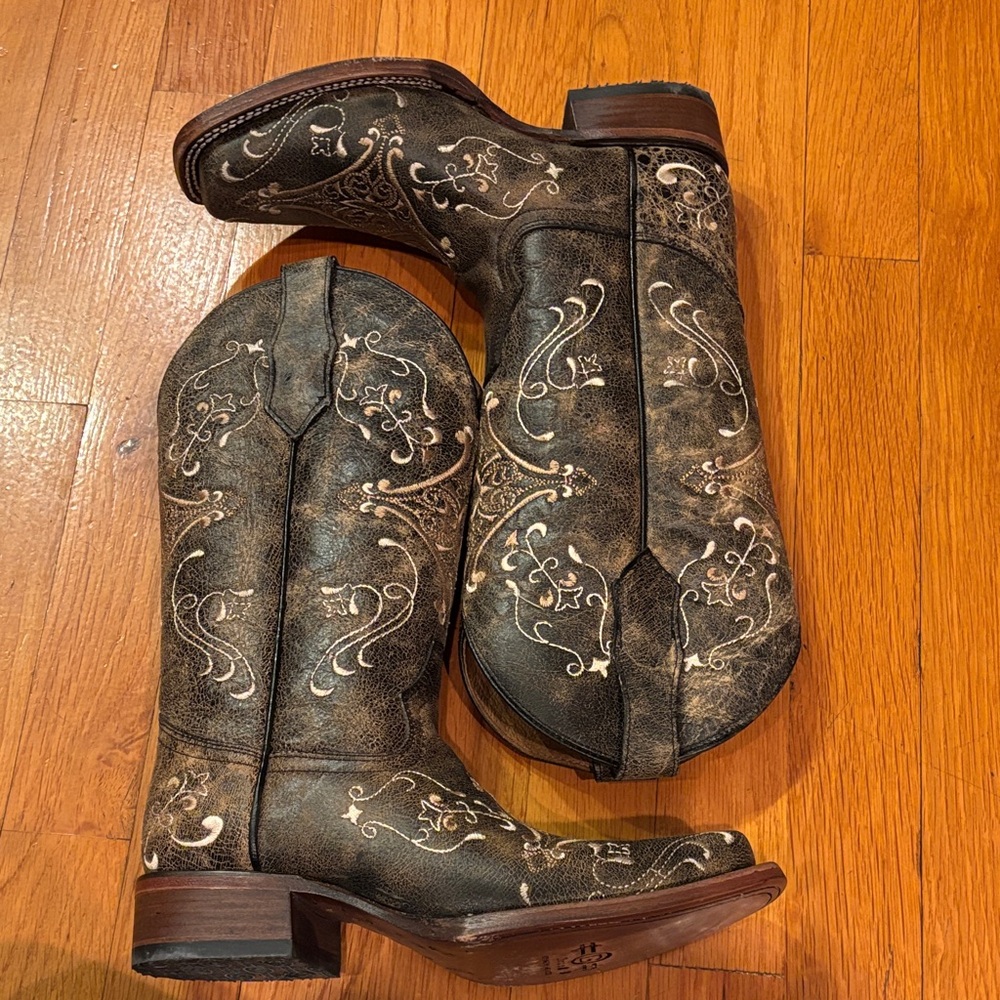 Circle G Embroidered Brown Crackle Western Cowboy Boots Sz 6 1/2 New